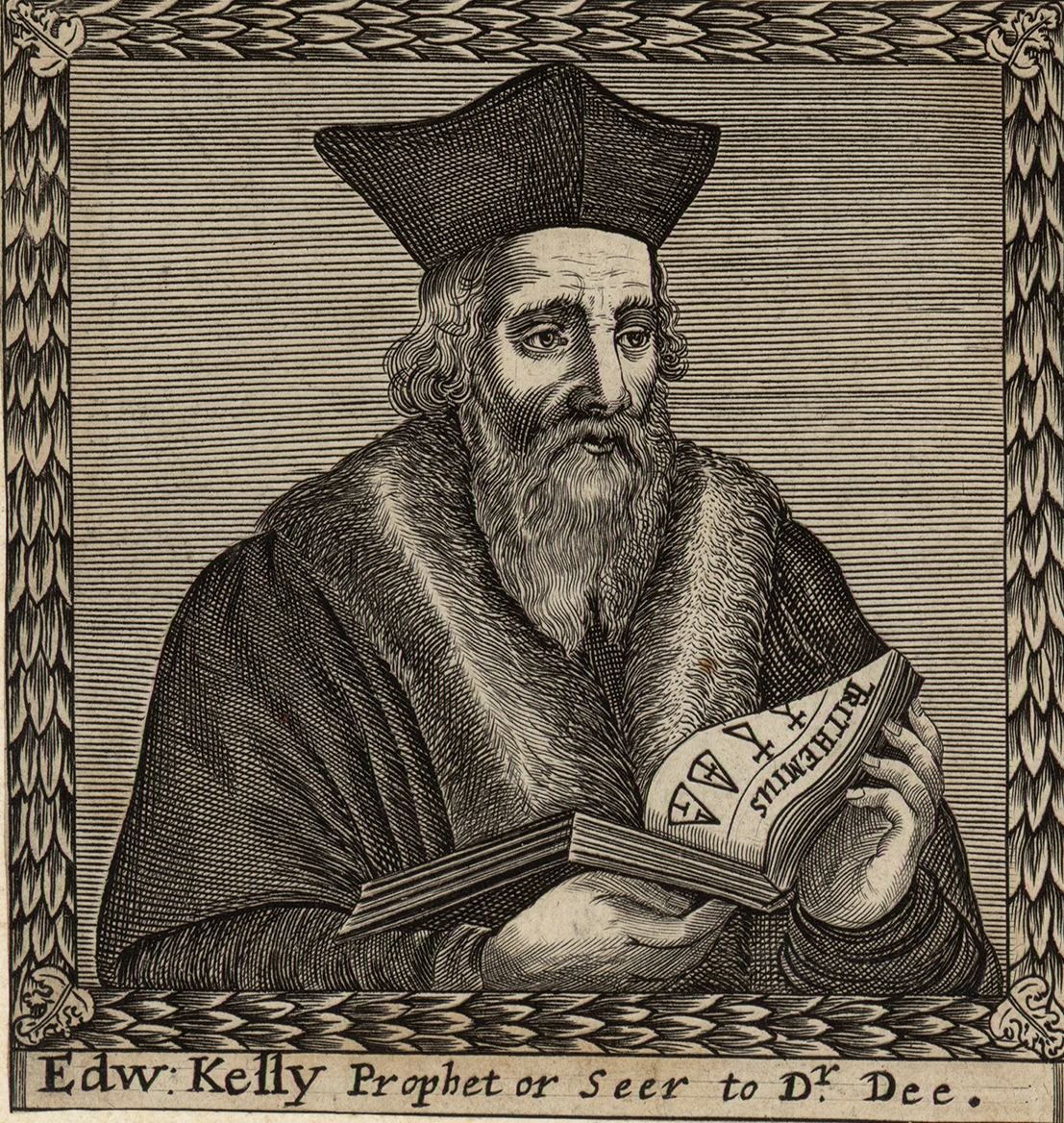 Engraving of Edward Kelley, scryer and medium to John Dee, holding an open book, with the inscription 
