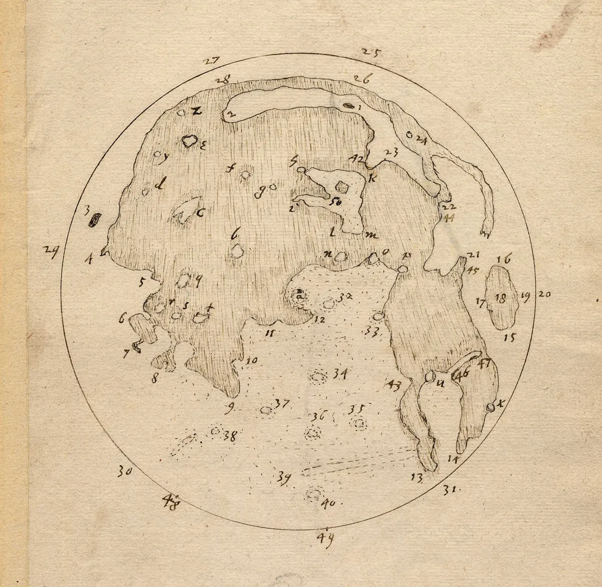 Thomas Harriot's lunar map, one of a series of increasingly detailed moon drawings made between 1610 and 1613. 