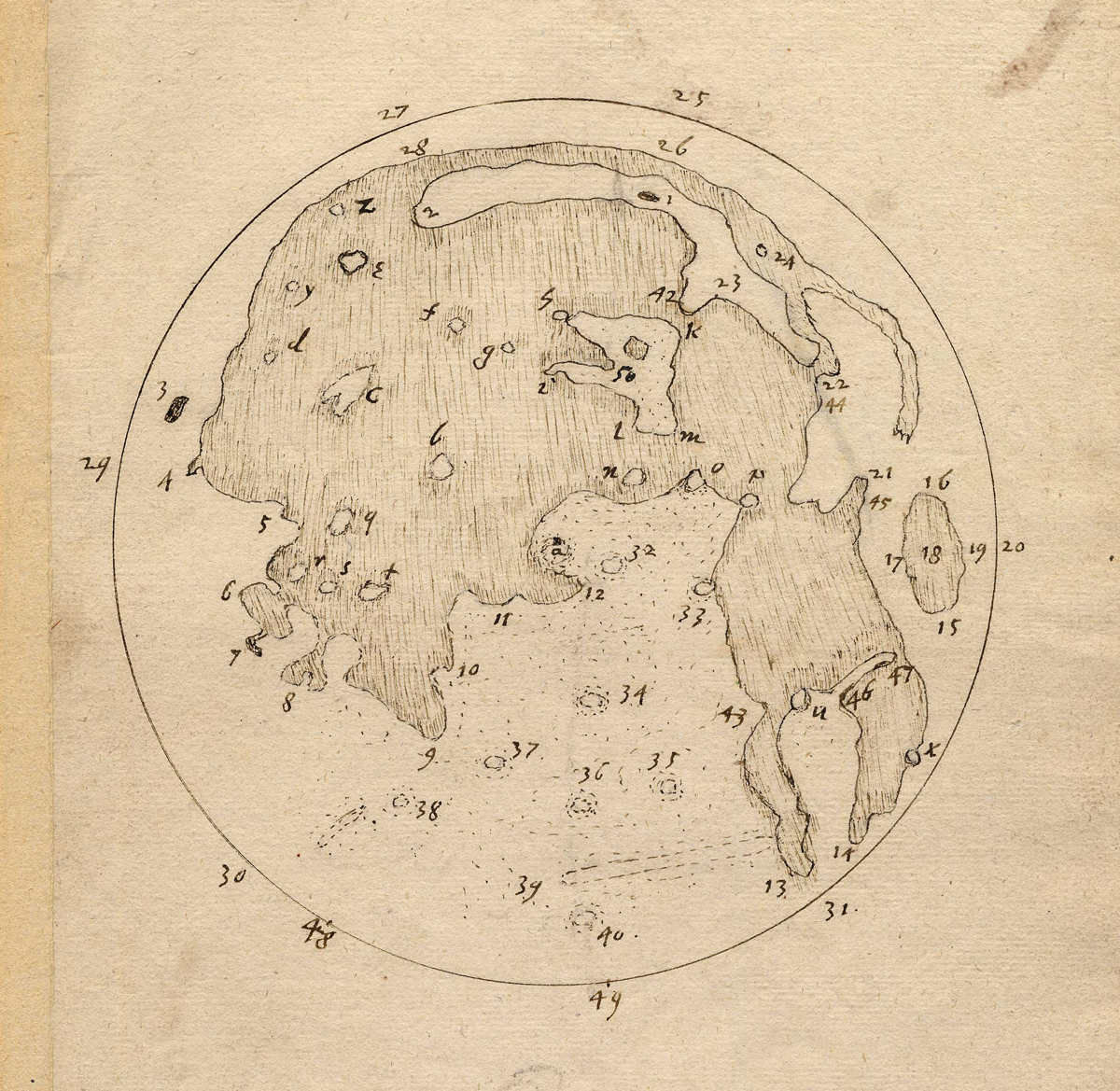 Thomas Harriot's lunar map, one of a series of increasingly detailed moon drawings made between 1610 and 1613. 