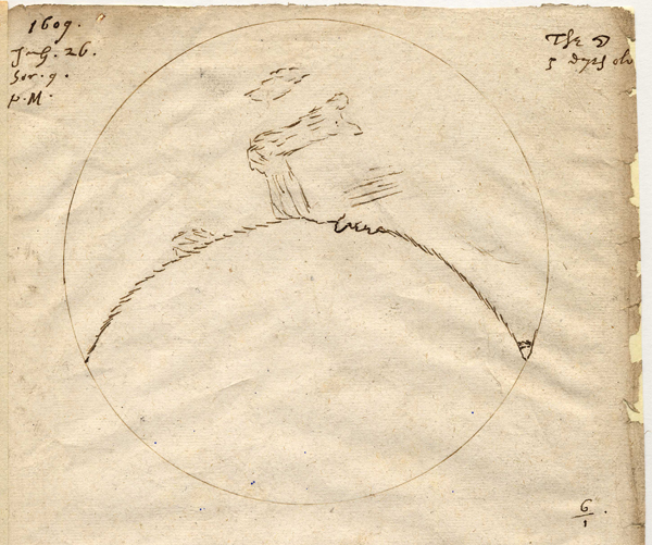 Drawing of the moon through a telescope by Thomas Harriot made on 26 July 1609