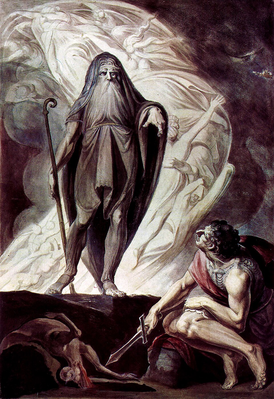 Tiresias the blind prophet stands over Odysseus in the Greek underworld, staff in hand, surrounded by the shades of the dead