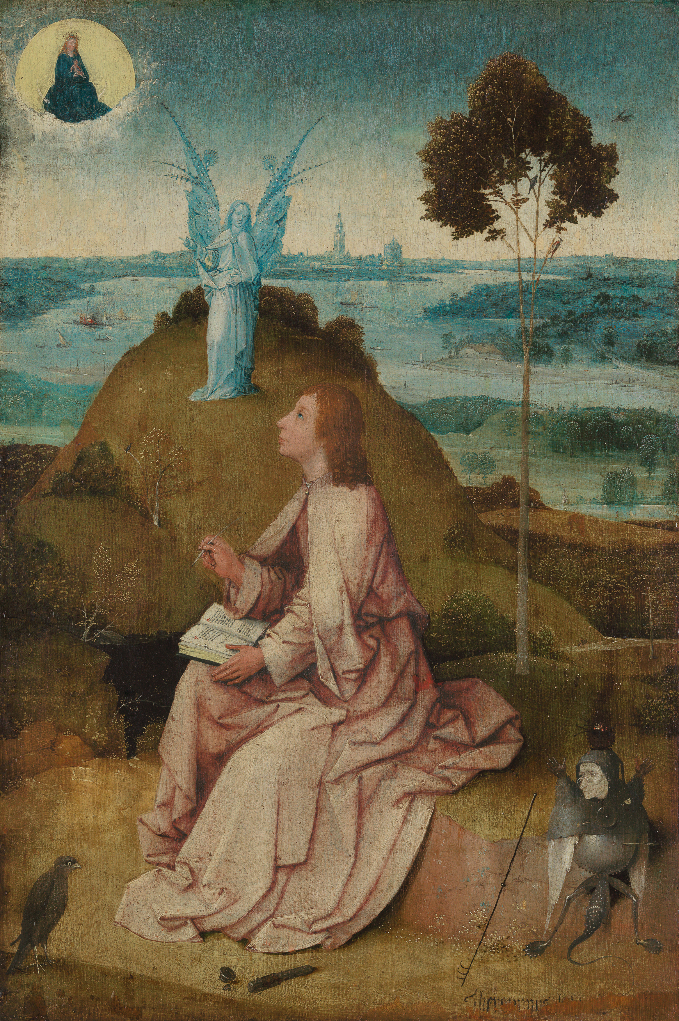 Saint John on Patmos receiving the vision of the Book of Revelation, writing beside an angel on the Greek island of Patmos in a medieval painting attributed to the circle of Hieronymus Bosch
