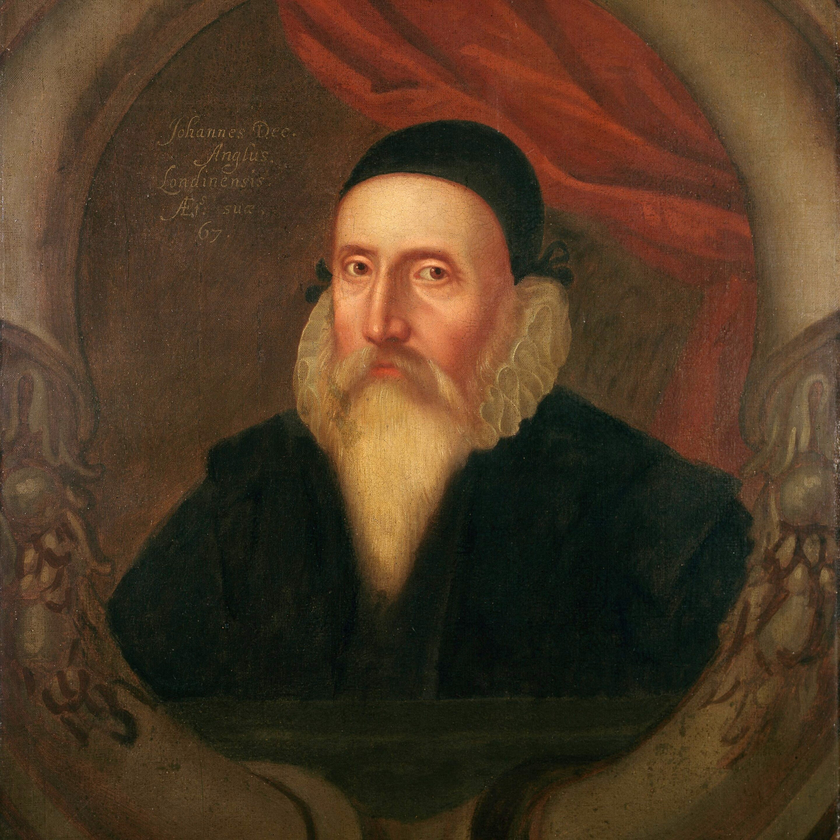 Portrait of John Dee, English mathematician and astrologer, aged 67, in black robes with white ruff collar, painted c.1594