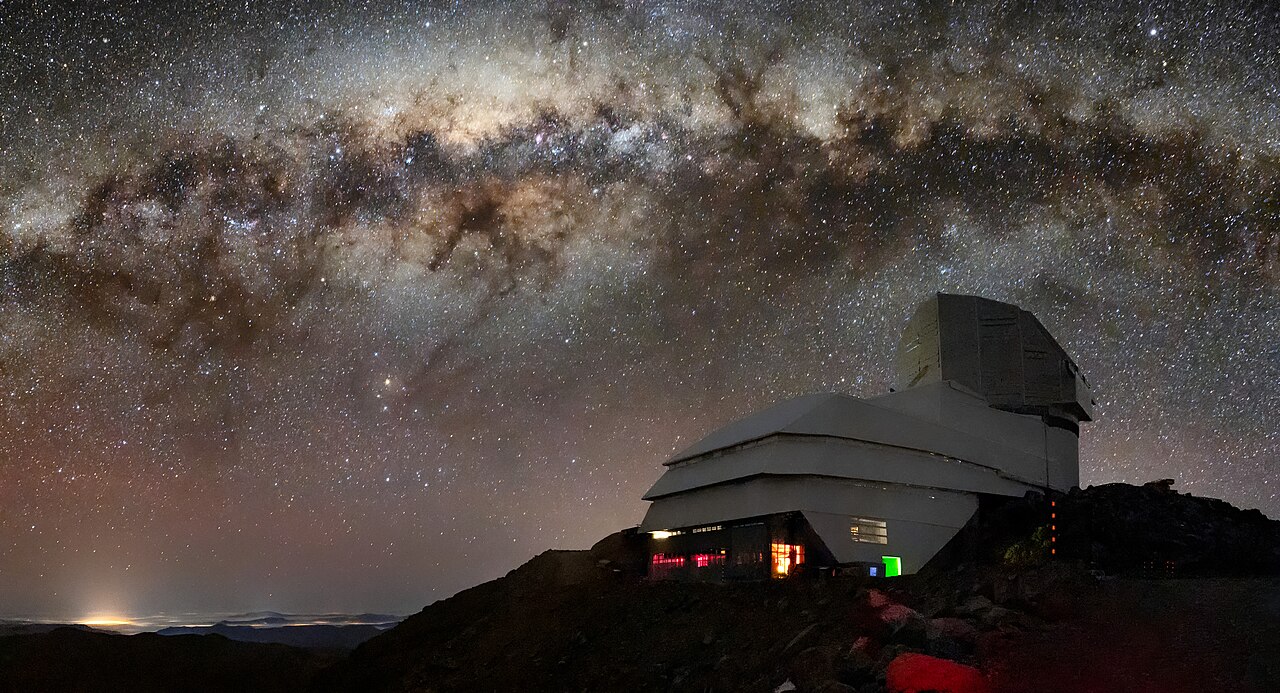 The Vera C. Rubin Observatory on Cerro Pachón in Chile beneath the Milky Way, the telescope that will conduct the ten-year sky survey searching for Planet Nine
