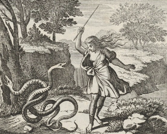 An engraving depicting Tiresias striking two mating snakes with a staff on Mount Cyllene in ancient Greece