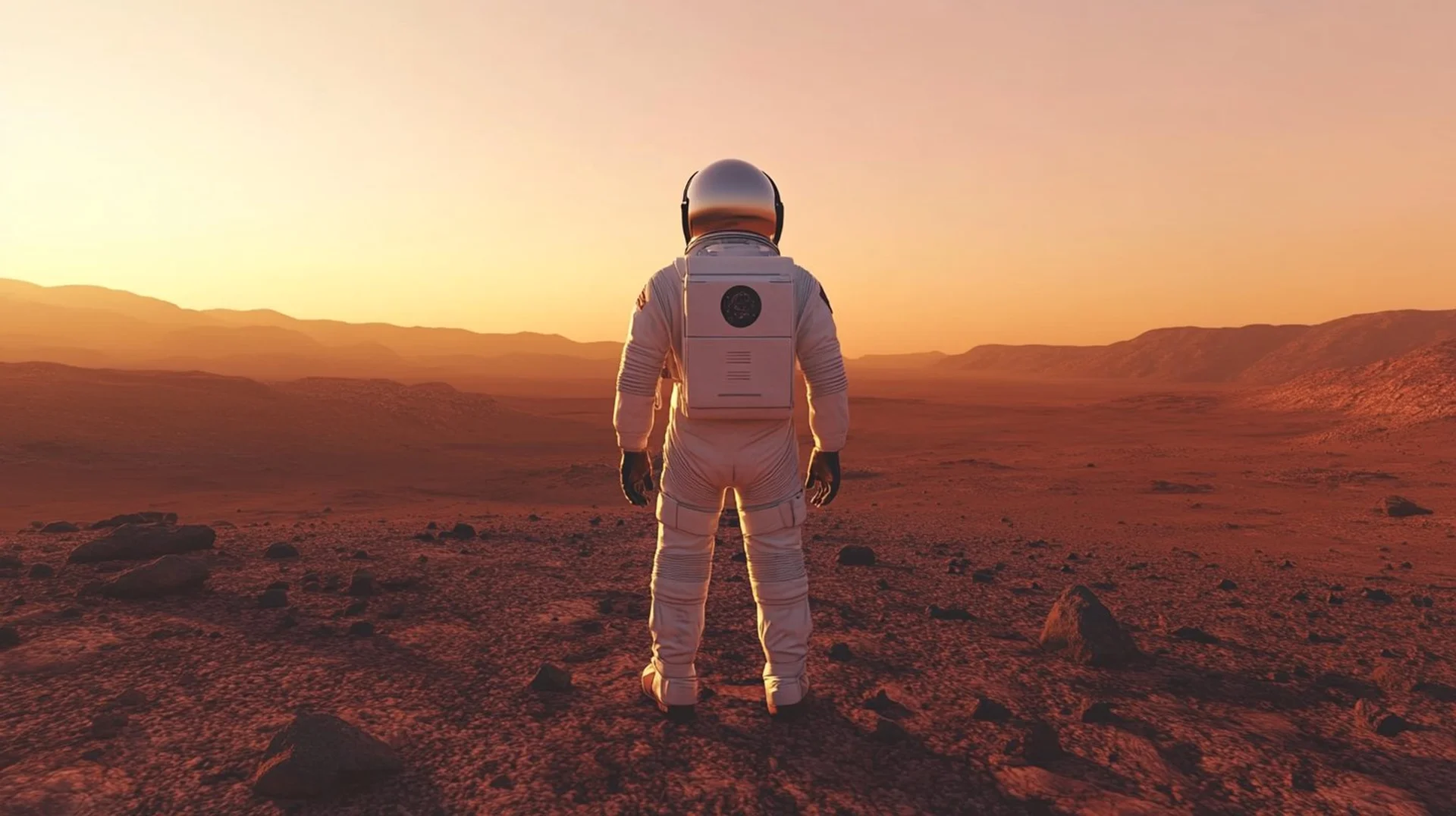 Astronaut alone on the Martian surface contemplating a year on Mars, rocky desert and orange sunset sky