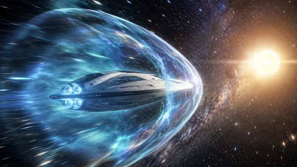 Alcubierre warp drive bending spacetime around a spacecraft during interstellar travel toward a distant star