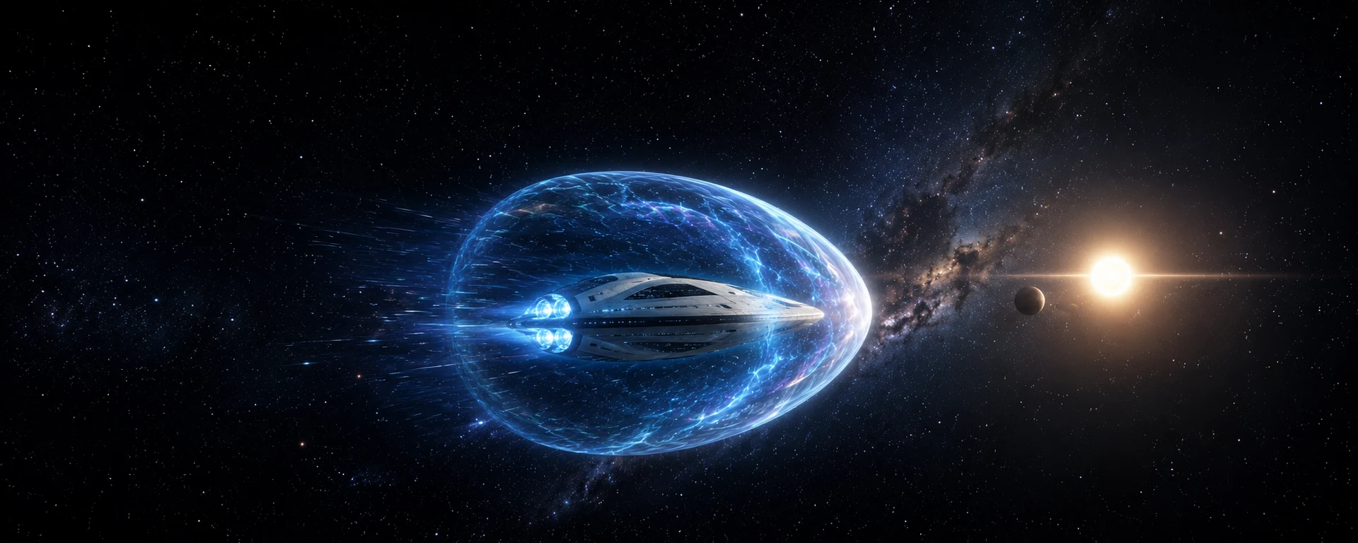Alcubierre warp drive bending spacetime around a spacecraft during interstellar travel toward a distant star