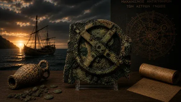 Antikythera mechanism replica with bronze gears, ancient Greek amphora and star charts, Mediterranean shipwreck at sunset