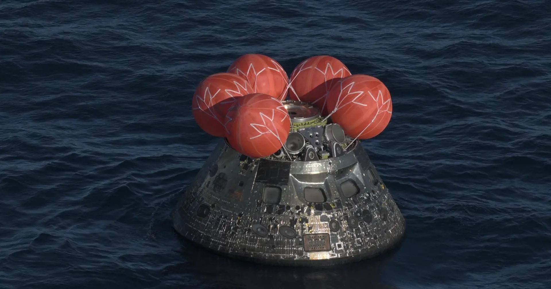 Orion spacecraft Integrity floating in the Pacific Ocean after the Artemis II splashdown