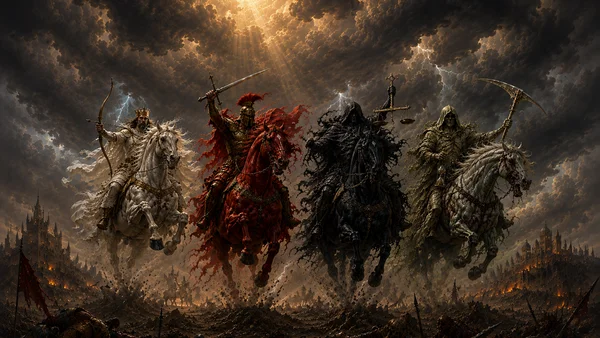 The Four Horsemen of the Apocalypse from the Book of Revelation riding through a stormy sky, bow, sword, scales and scythe visible