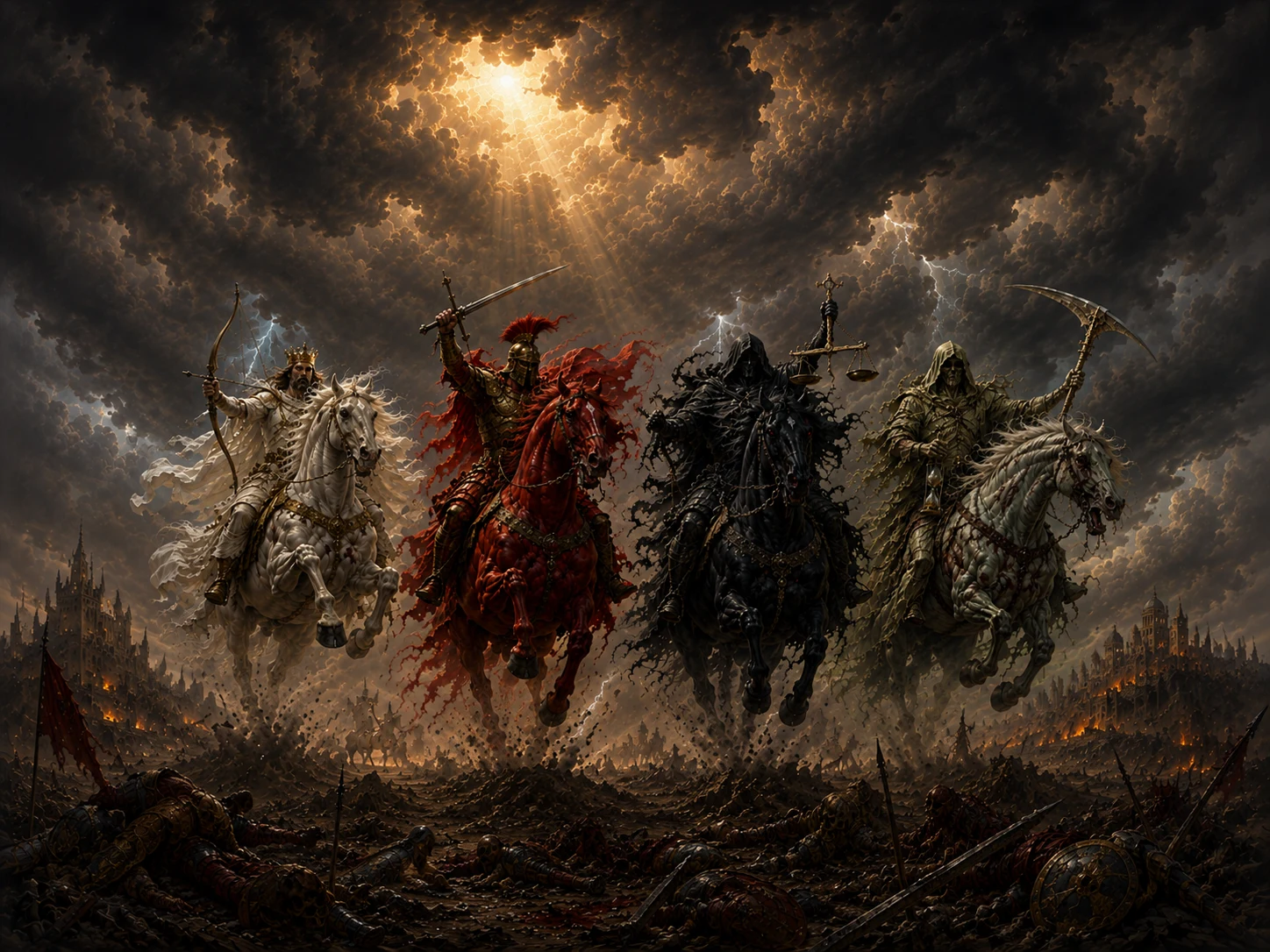 The Four Horsemen of the Apocalypse from the Book of Revelation riding through a stormy sky, bow, sword, scales and scythe visible