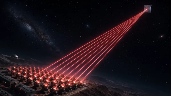 Laser array beaming light toward a tiny sail in deep space, representing the Breakthrough Starshot interstellar mission