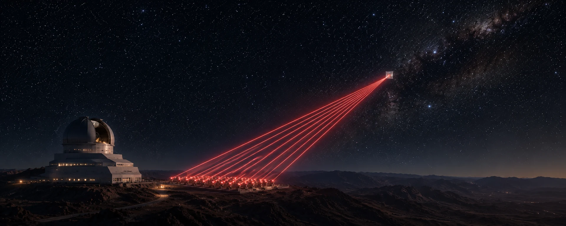 Laser array beaming light toward a tiny sail in deep space, representing the Breakthrough Starshot interstellar mission