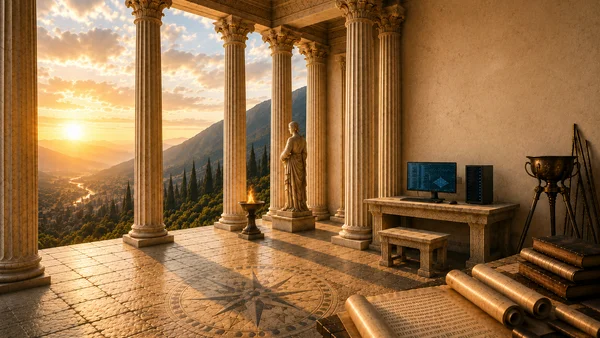 Can AI predict the future? Marble oracle temple with a modern computer altar overlooking a sunset valley