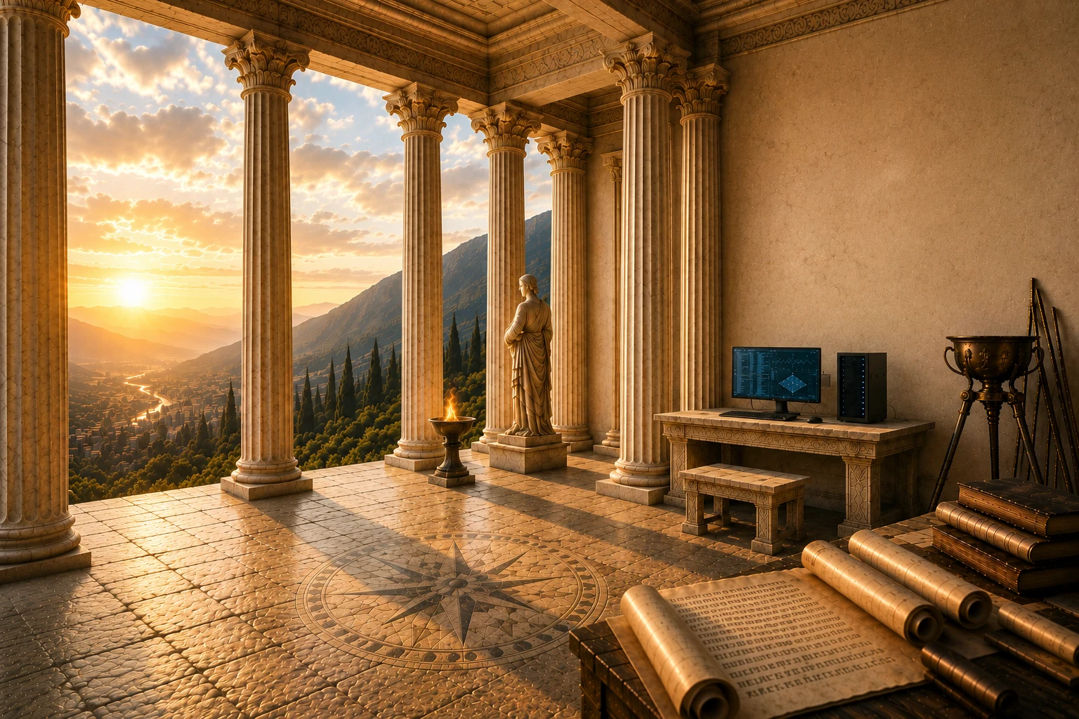 Can AI predict the future? Marble oracle temple with a modern computer altar overlooking a sunset valley