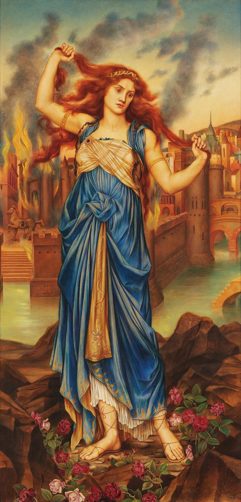 Cassandra by Evelyn De Morgan 1898, a woman tears at her hair in anguish as Troy burns behind her, her warning already too late