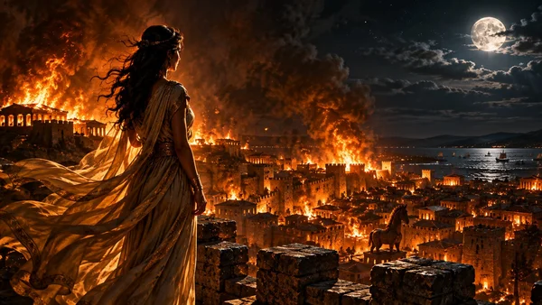 Cassandra Greek mythology prophet cursed by Apollo stands on the walls of Troy as the city burns behind her