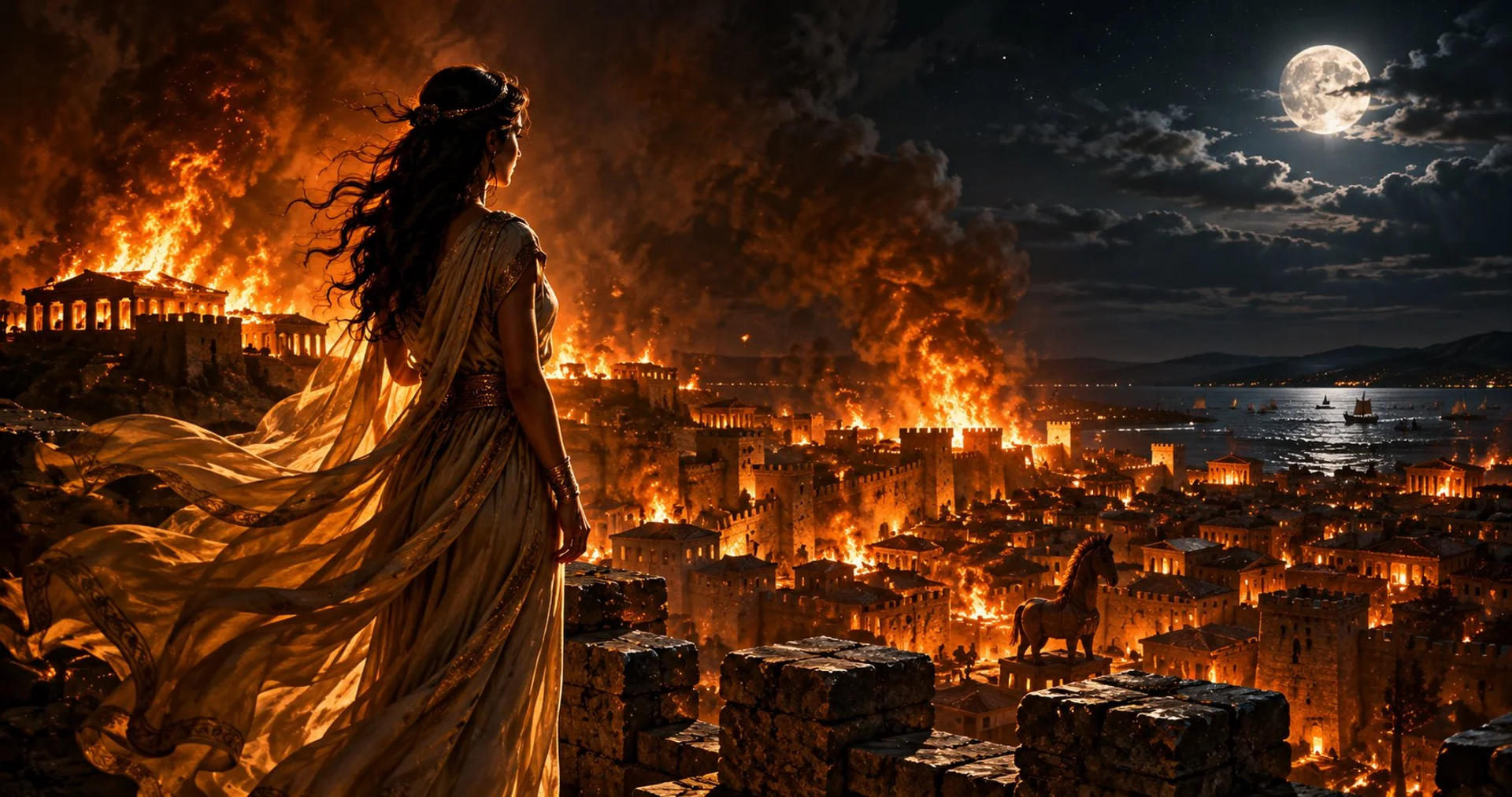 Cassandra Greek mythology prophet cursed by Apollo stands on the walls of Troy as the city burns behind her