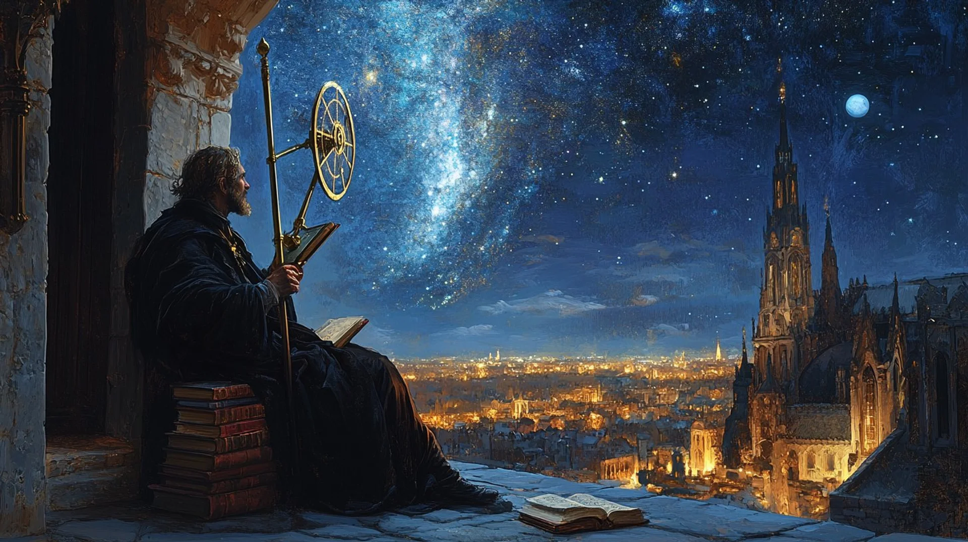 Nicolaus Copernicus studying the night sky over a medieval city, origins of the heliocentric theory