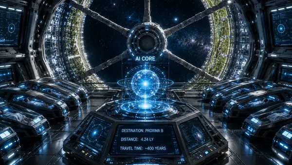 AI-controlled generation ship interior, crew sleeping in stasis pods, testing whether AI could really help humans go interstellar