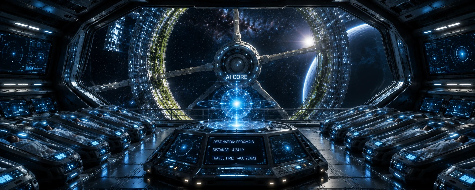 AI-controlled generation ship interior, crew sleeping in stasis pods, testing whether AI could really help humans go interstellar