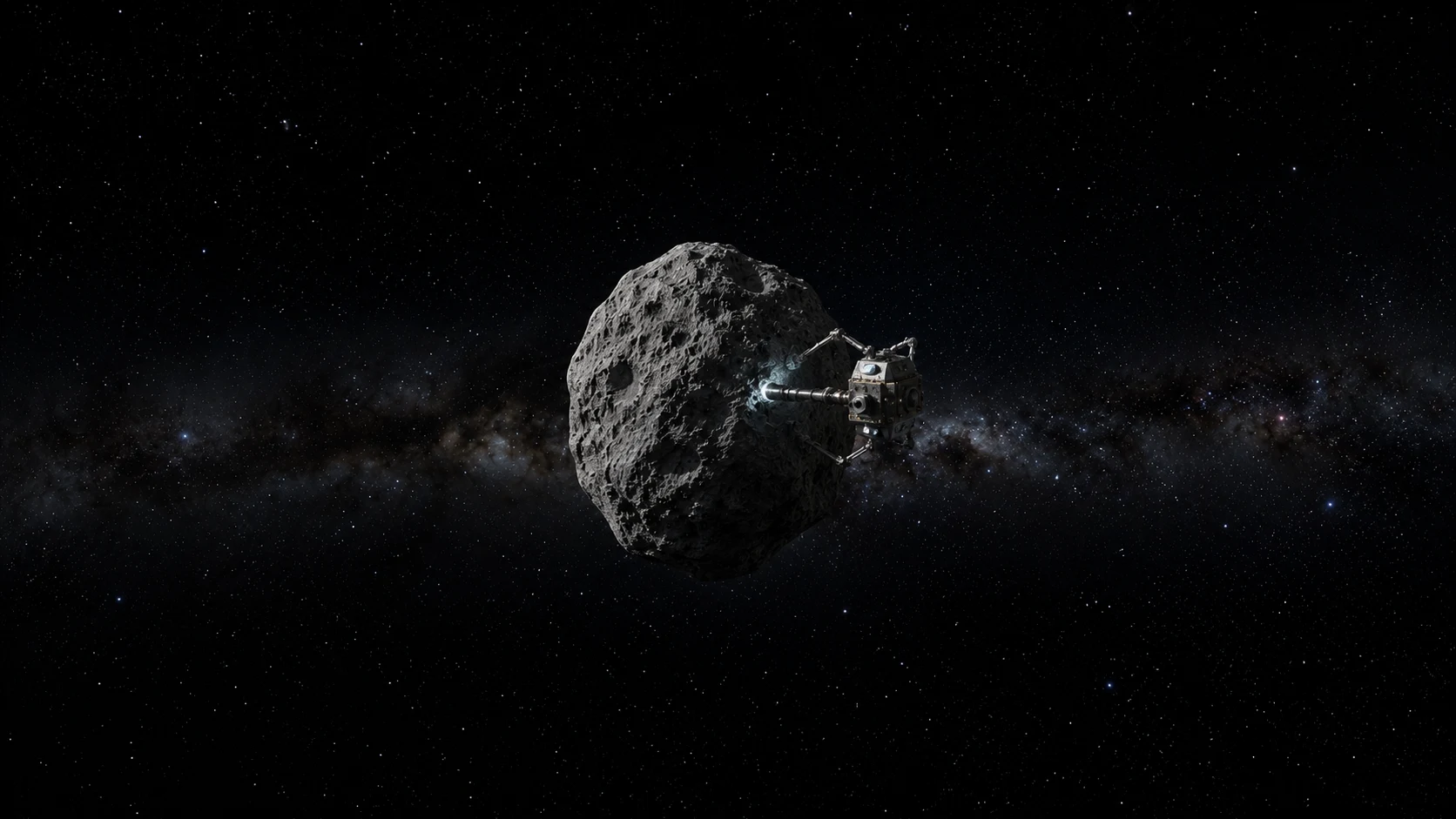 A small robotic spacecraft attempting to actually mine asteroids, anchored to a metallic surface with drilling equipment extended, deep space beyond