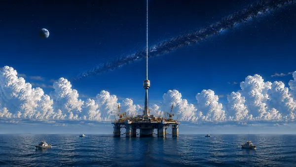 Could we build a space elevator: a tether rising from an ocean platform into a starfield, a climber partway up the cable.