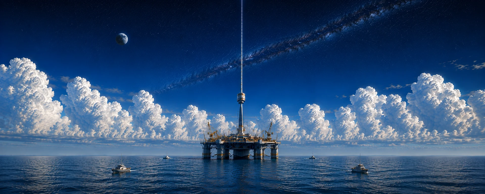 Could we build a space elevator: a tether rising from an ocean platform into a starfield, a climber partway up the cable.