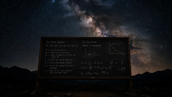 The Drake Equation formula and Fermi Paradox on a blackboard beneath a Milky Way night sky searching for extraterrestrial life