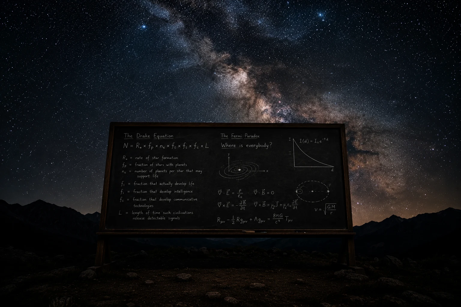 The Drake Equation formula and Fermi Paradox on a blackboard beneath a Milky Way night sky searching for extraterrestrial life