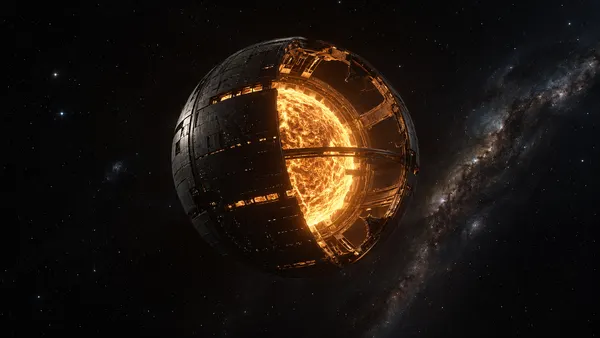 A Dyson sphere, a dark spherical megastructure encircling a star, its outer panels partially retracted to reveal the star's molten surface, set against a starfield and the band of the Milky Way