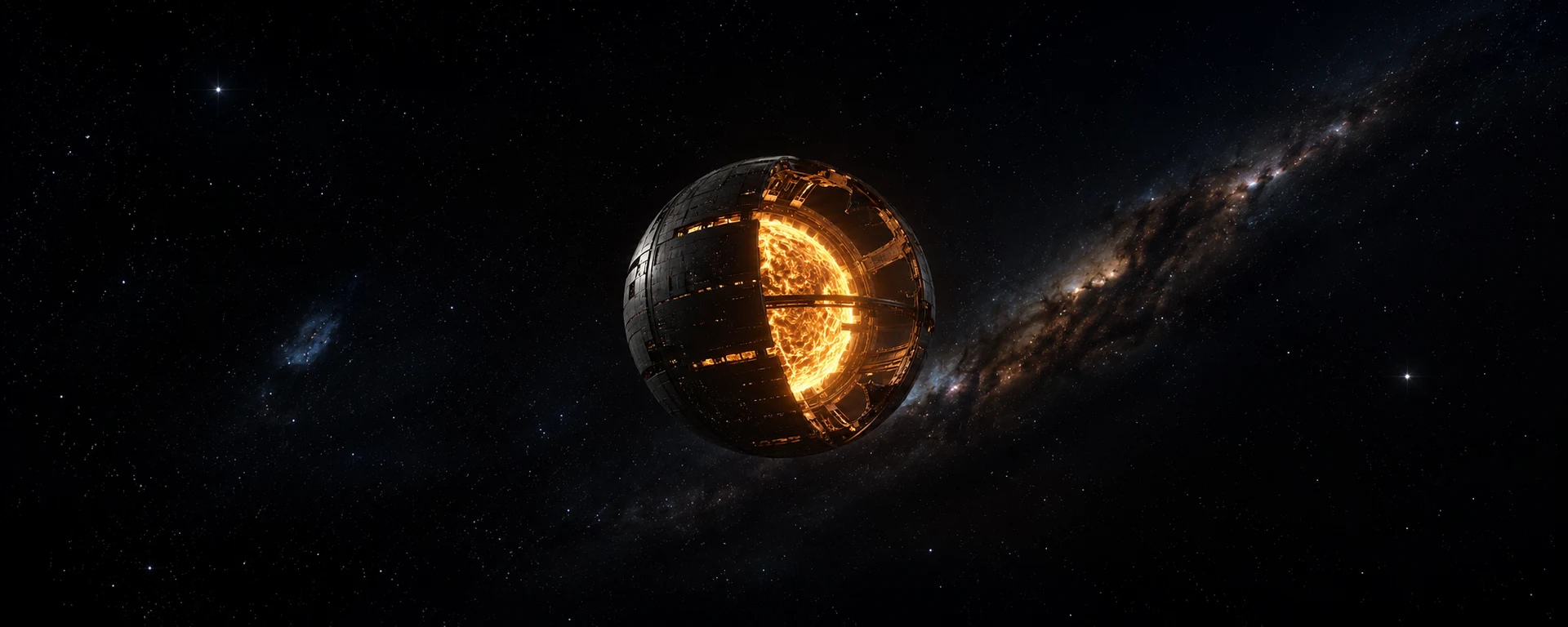 A Dyson sphere, a dark spherical megastructure encircling a star, its outer panels partially retracted to reveal the star's molten surface, set against a starfield and the band of the Milky Way