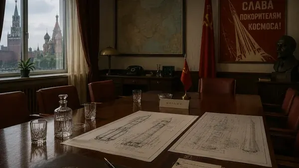 Elon Musk's SpaceX Russia trip: an empty negotiating table with rocket blueprints in a Soviet-era office