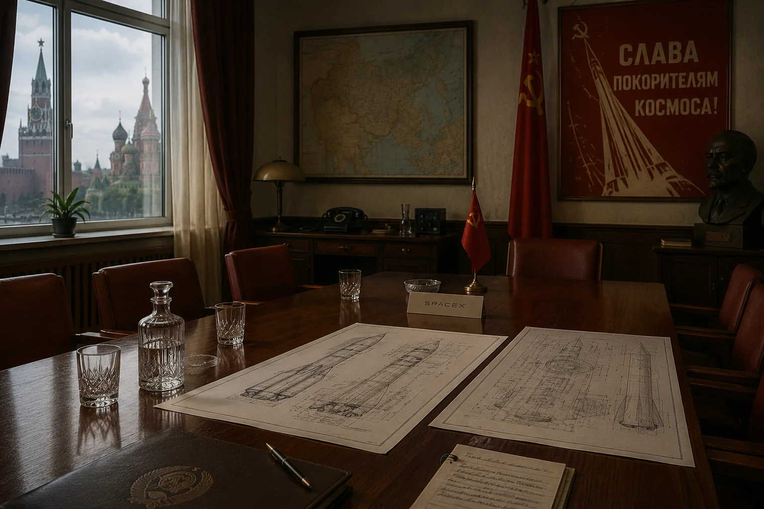 Elon Musk's SpaceX Russia trip: an empty negotiating table with rocket blueprints in a Soviet-era office