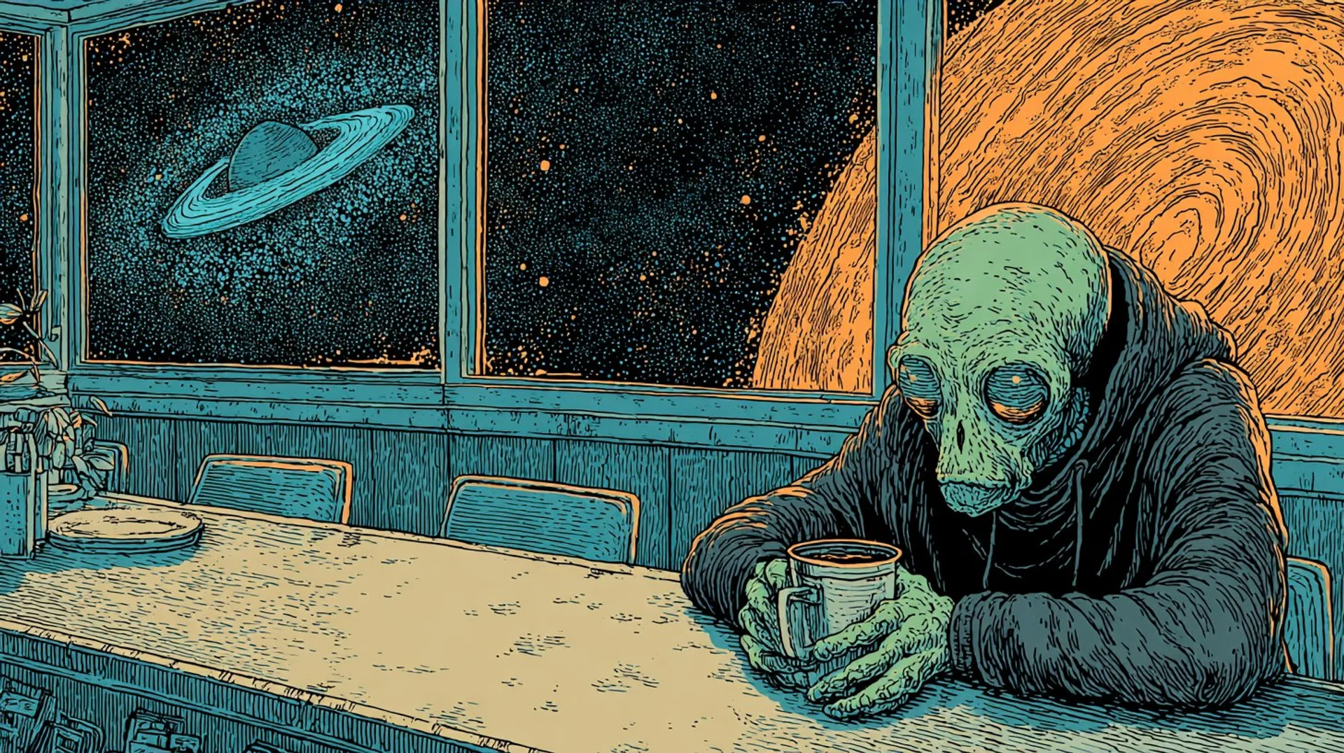 Fermi Paradox alien alone in a diner, Saturn and deep space visible through the window