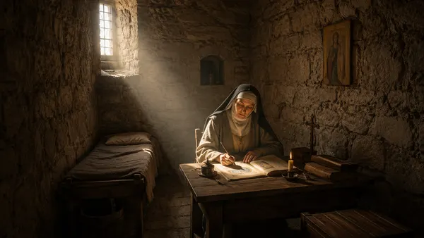 Hildegard of Bingen seated in her monastic enclosure, writing by candlelight as sunlight streams through a narrow stone window.