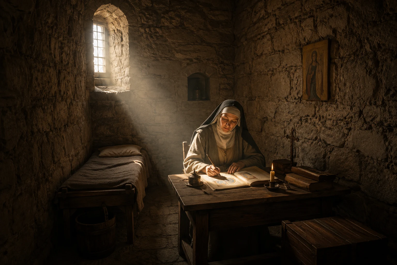 Hildegard of Bingen seated in her monastic enclosure, writing by candlelight as sunlight streams through a narrow stone window.