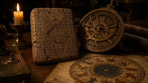 History of astrology: ancient clay tablet, brass astrolabe and zodiac chart on a candlelit desk