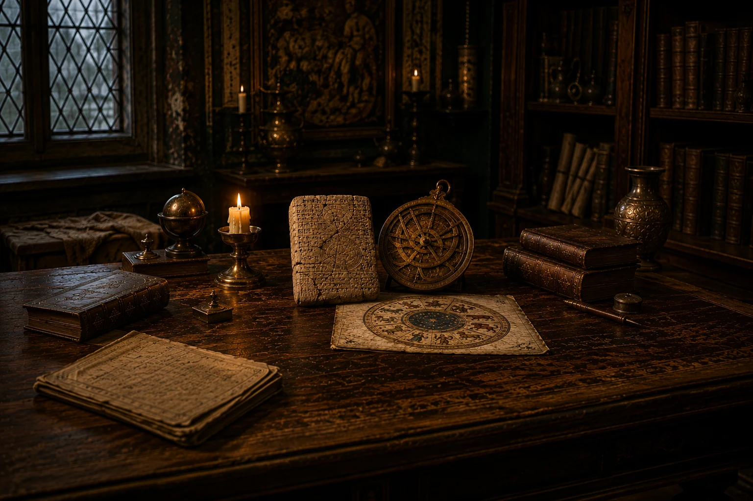 History of astrology: ancient clay tablet, brass astrolabe and zodiac chart on a candlelit desk