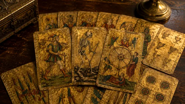 History of tarot cards: gilded Visconti-Sforza style deck laid out on a Renaissance writing desk