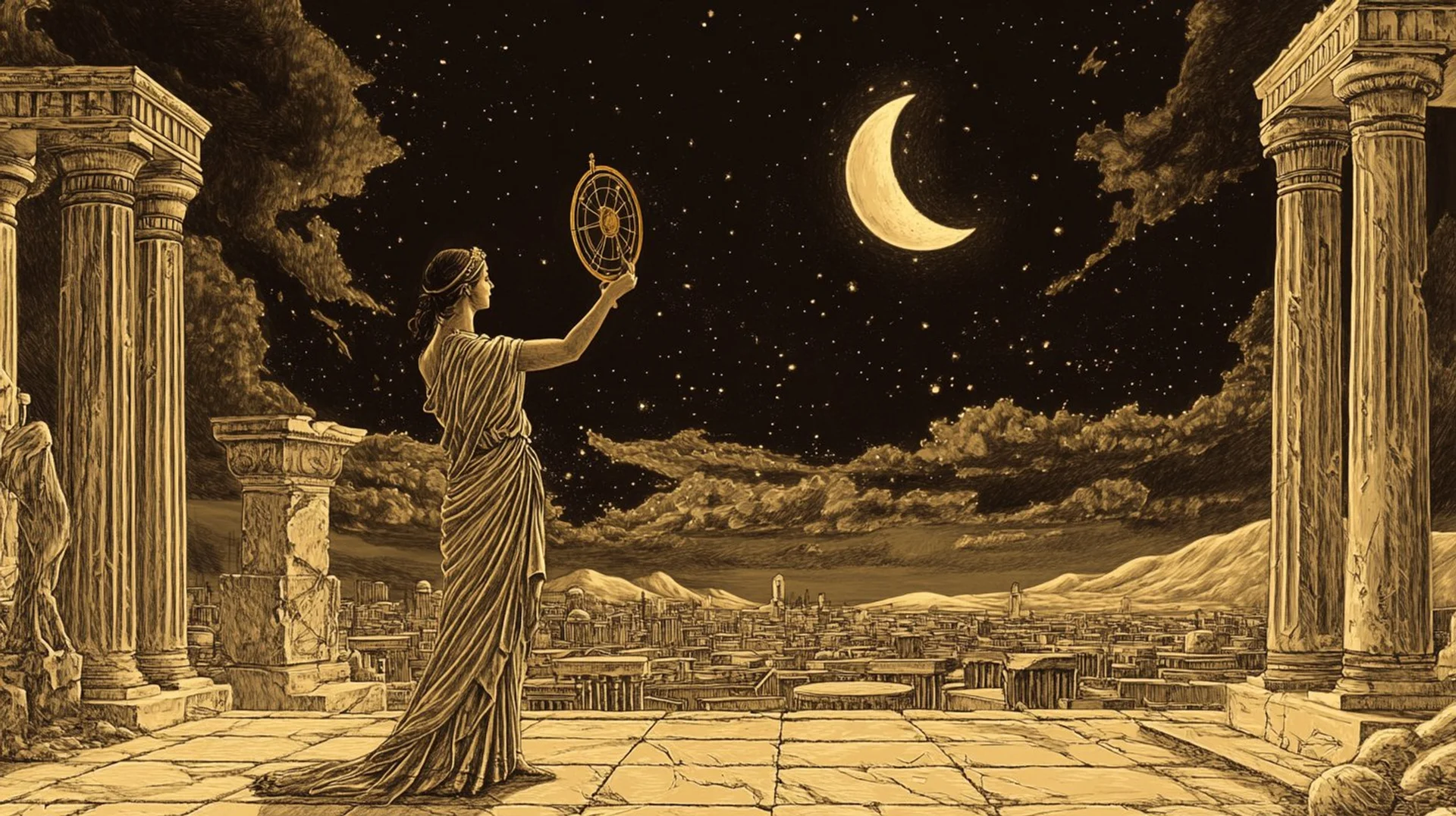 Hypatia of Alexandria holding an astronomical instrument as she observes the night sky over Alexandria