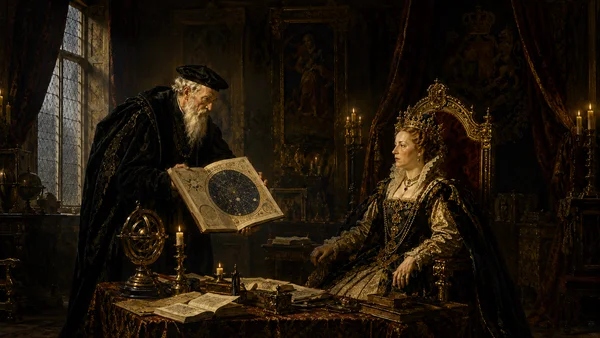 John Dee presenting a celestial chart to Queen Elizabeth I by candlelight, an armillary sphere on the table between them