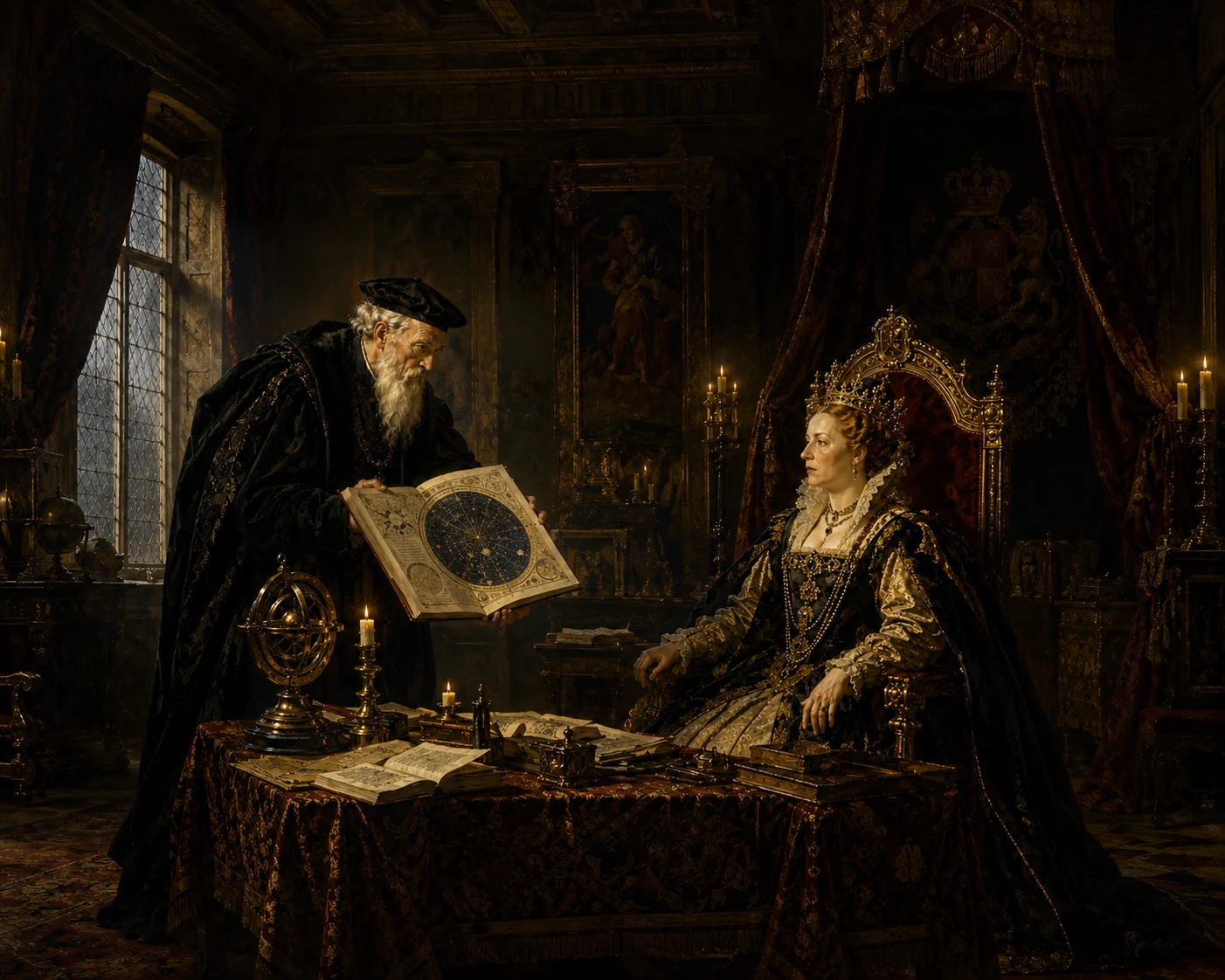 John Dee presenting a celestial chart to Queen Elizabeth I by candlelight, an armillary sphere on the table between them