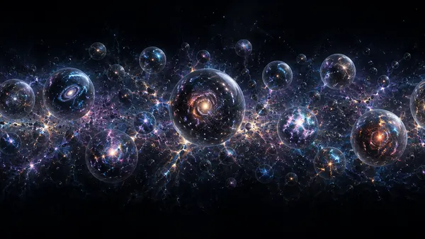 Illustration of the multiverse theory showing bubble universes, each containing a different galaxy, in a cosmic web