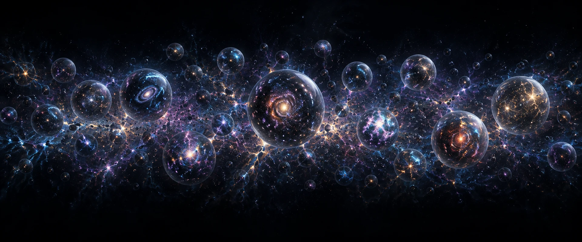 Illustration of the multiverse theory showing bubble universes, each containing a different galaxy, in a cosmic web