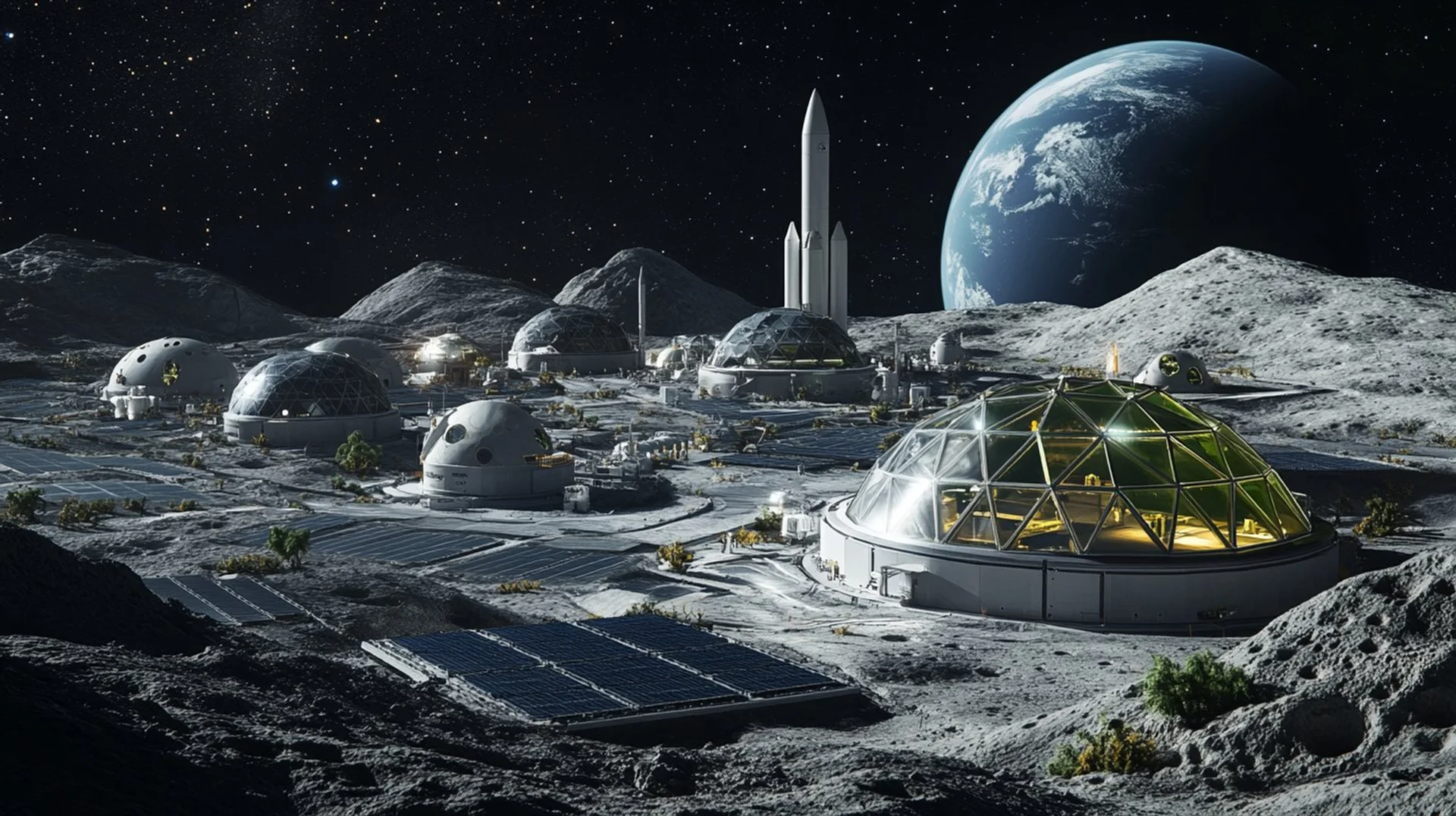 NASA moon base concept at the lunar south pole with Artemis habitats and astronauts