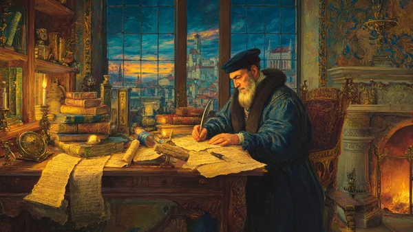  Nostradamus, Michel de Nostredame, 16th century French prophet writing his quatrains by candlelight