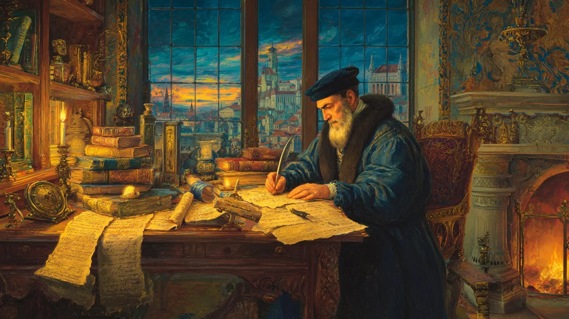 Nostradamus, Michel de Nostredame, 16th century French prophet writing his quatrains by candlelight