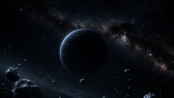 Planet Nine hypothesis illustration showing a distant icy planet at the far edge of the solar system, surrounded by debris and deep space